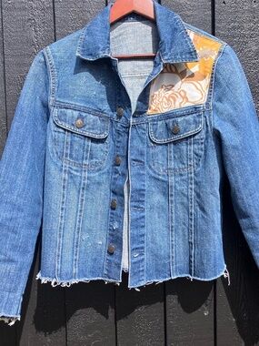 Upcycled Denim Jacket S/M | Reworked Distressed Jean Jacket | Floral Appliqué |